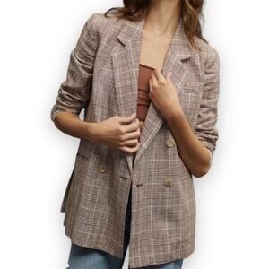 Anthropologie Maeve Double Breasted Women’s Blazer 0 Brown Plaid Preppy Office